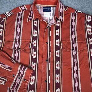 Vintage Wrangler Shirt Mens Large Red Aztec Western Pearl Snap Rodeo 90s Cowboy